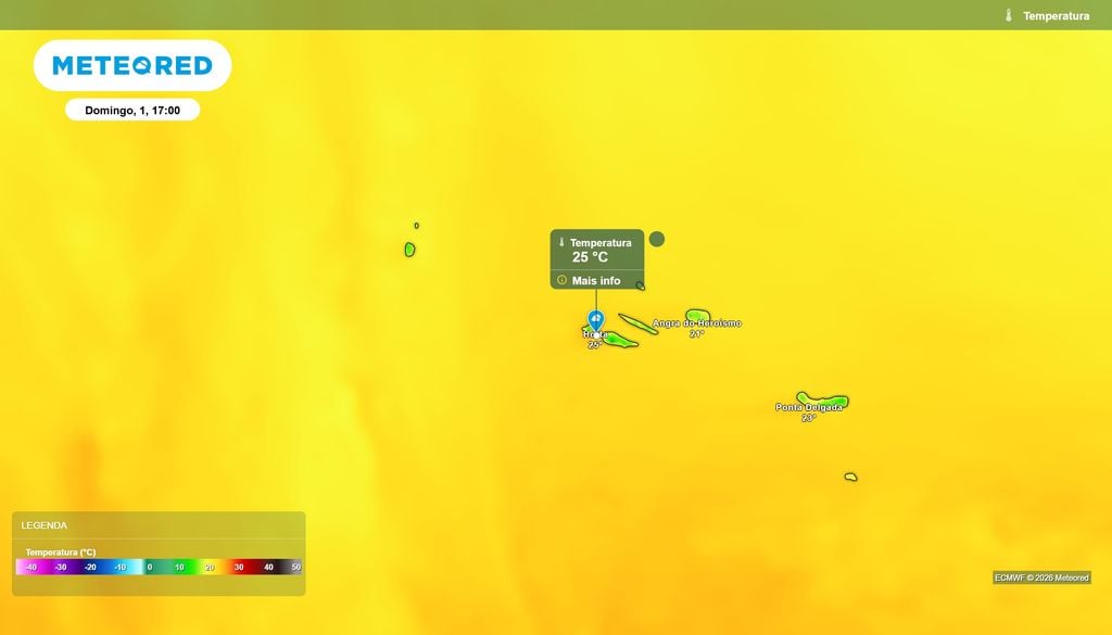 Temperaturas máximas previstas para este domingo evidenciam picos de 25ºC no Faial durante a tarde Temperaturas máximas previstas para este domingo evidenciam picos de 25ºC no Faial durante a tarde. Fonte: Modelo ECMWF / Meteored