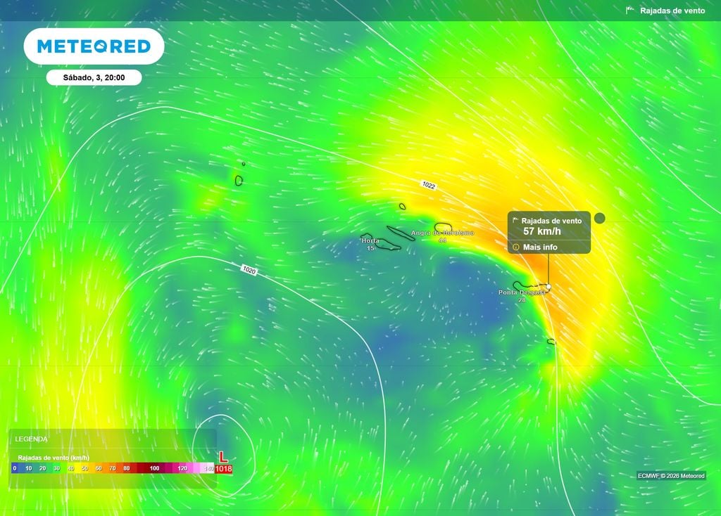 As rajadas mais fortes poderão atingir velocidades superiores a 50 km/h na tarde e noite deste sábado, 3 de outubro, sendo mais prováveis e frequentes no Grupo Oriental.