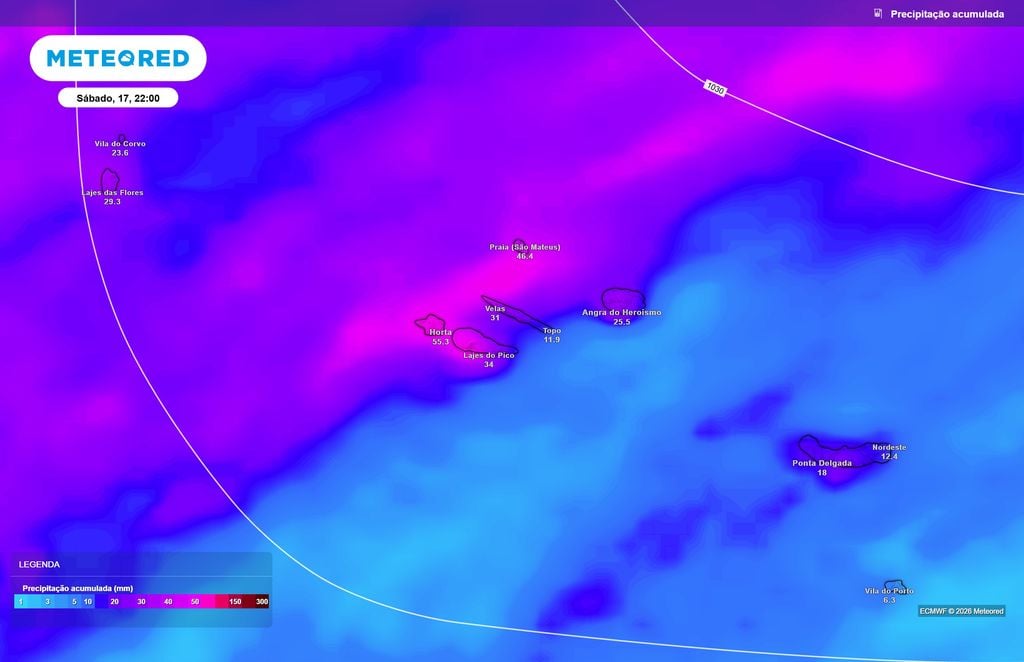 ECMWF prevê acumulados superiores a 50 mm em algumas zonas dos Açores A precipitação acumulada até sábado poderá ultrapassar os 50 mm em setores do grupo Central, com valores inferiores previstos para Angra do Heroísmo e Ponta Delgada.