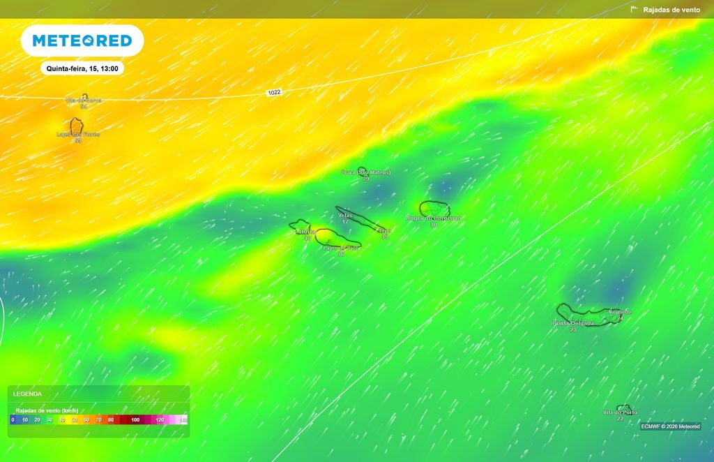 Rajadas poderão aproximar-se dos 40 km/h em algumas ilhas dos Açores O ECMWF prevê vento mais expressivo em setores do grupo Central durante a tarde de quinta-feira, com rajadas próximas dos 40 km/h na Horta.