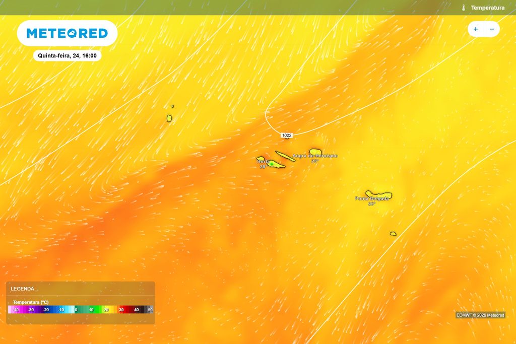 O ECMWF prevê valores próximos dos 25 ºC em São Miguel e Terceira e até 28 ºC na Horta durante a tarde de quinta-feira.