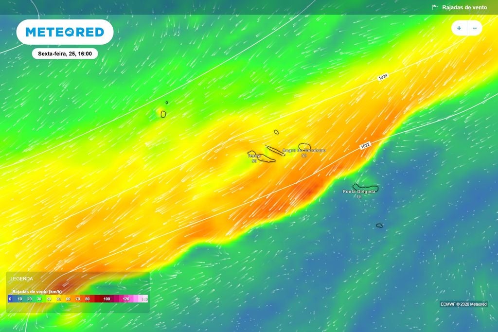 O ECMWF projeta rajadas próximas dos 50 km/h na Horta e dos 55 km/h em Angra do Heroísmo durante a tarde de sexta-feira.
