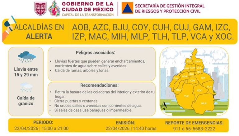 Alerta Amarilla en Ciudad de M&eacute;xico: atentos a granizadas y encharcamientos en varias alcald&iacute;as