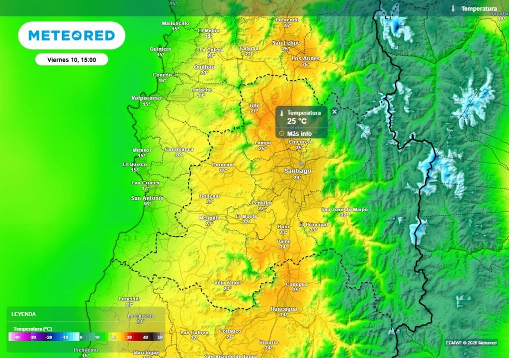 mapa de temperatura El modelo europeo prevé un descenso térmico hacia el viernes, con máximas en torno a los 25 grados.