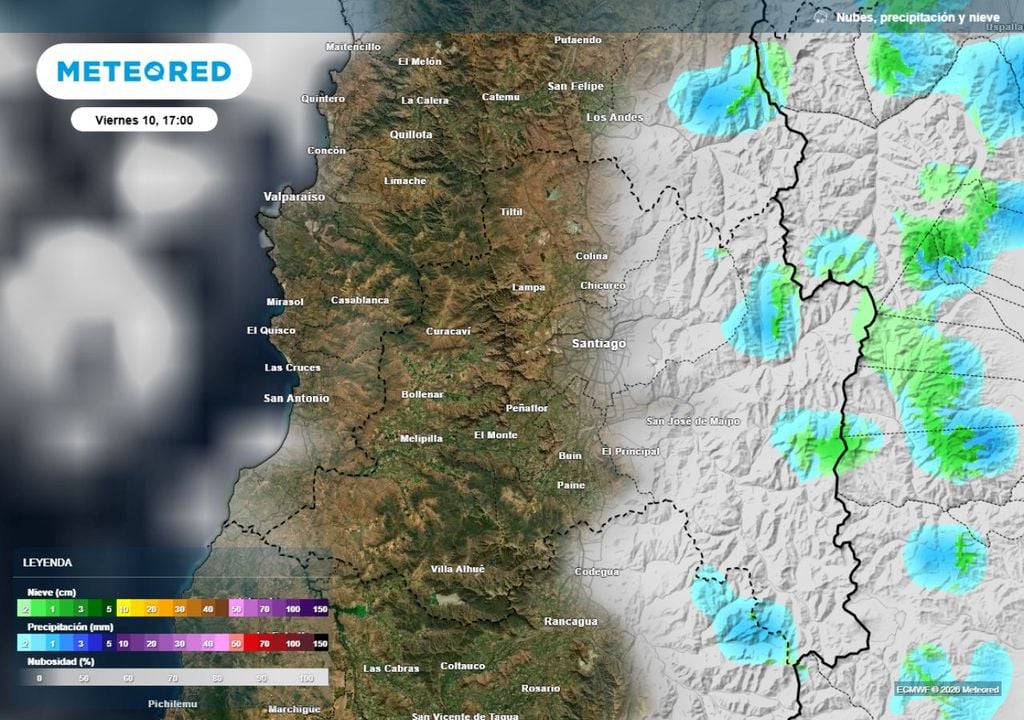 mapa de precipitación y nubosidad Este viernes en la tarde se formará nubosidad en la zona cordillerana, pudiendo dejar chubascos leves.