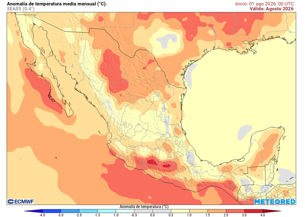 Anomalía de temperaturas para agosto de 2026 Gran parte del país experimentaría calor por encima de lo habitual, especialmente en el norte y Pacífico sur con temperaturas superando los 35-40 °C.