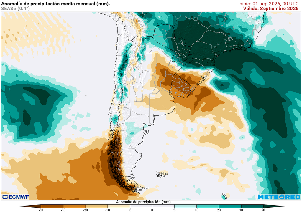 Pronóstico, Clima, Tiempo, Argentina Anomalía de precipitaciones para el mes de septiembre según nuestro modelo de referencia el ECMWF