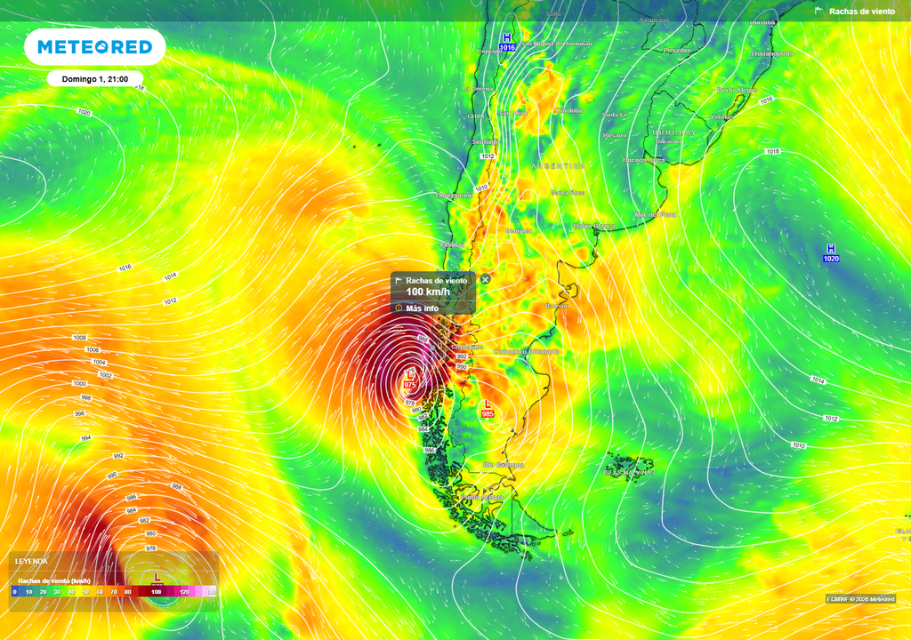 Ciclón extratropical se intensifica frente al sur el domingo, con rachas que podrían superar los 100 km/h en tierra y lluvias reforzadas por un río atmosférico.