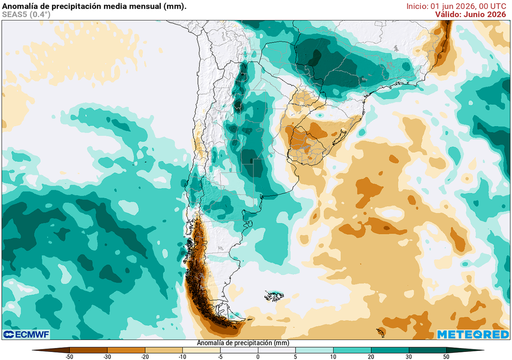 Pronóstico, Clima, Tiempo, Argentina, Junio, ECMWF, Lluvias, Anomalía, Humedad, Campaña, Reservas, Tendencia, Mensual, Meteorología Anomalía de precipitaciones para el mes de junio según nuestro modelo de referencia el ECMWF