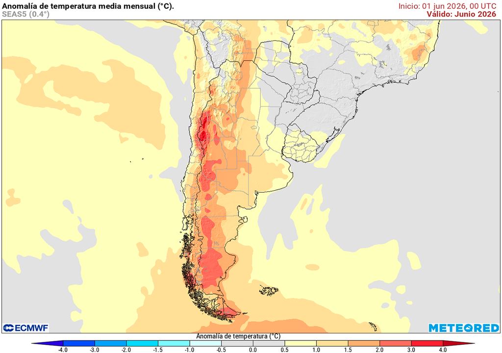 Pronóstico, Clima, Tiempo, Argentina, Junio, ECMWF, Lluvias, Anomalía, Humedad, Campaña, Reservas, Tendencia, Mensual, Meteorología Anomalía de temperaturas para el mes de junio según nuestro modelo de referencia el ECMWF