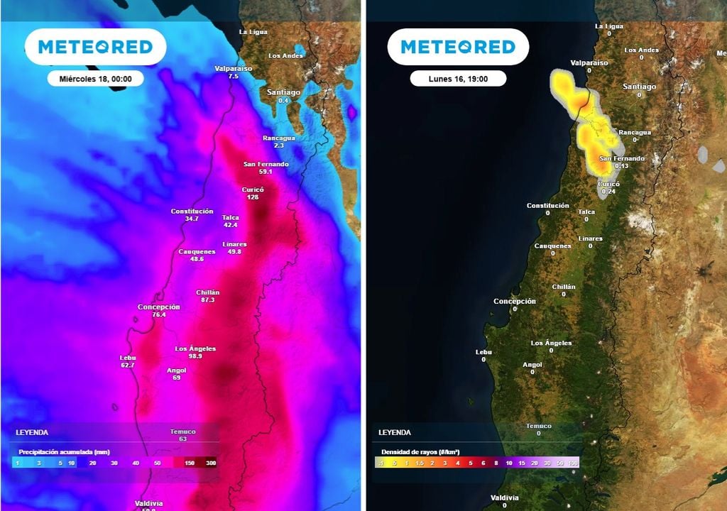 Aunque las precipitaciones más intensas se concentrarán en el centro sur, la inestabilidad postfrontal favorecerá la ocurrencia de tormentas eléctricas en sectores de la zona centro norte, especialmente en la costa.