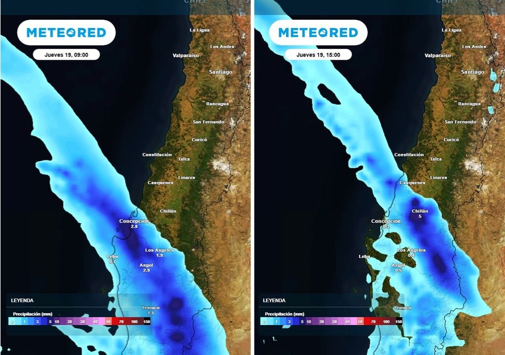 Evolución de las precipitaciones durante el jueves: en la mañana el sistema frontal afecta al Biobío y durante la tarde avanza hacia la región de Ñuble.