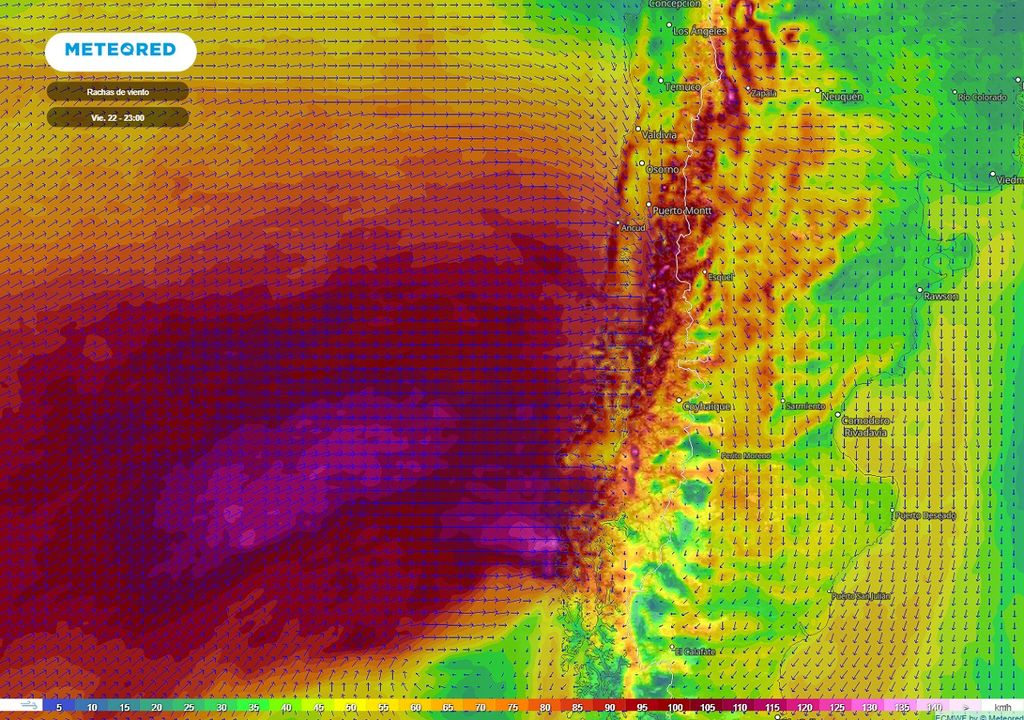Rachas de viento previstas; modelo ECMWF
