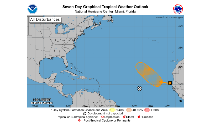 Ejemplo de un pronóstico gráfico del tiempo tropical a 7 días que muestra una X gris, lo que indica un sistema en el que las probabilidades de desarrollo son cercanas al 0 % tanto en 2 días como en 7 días.