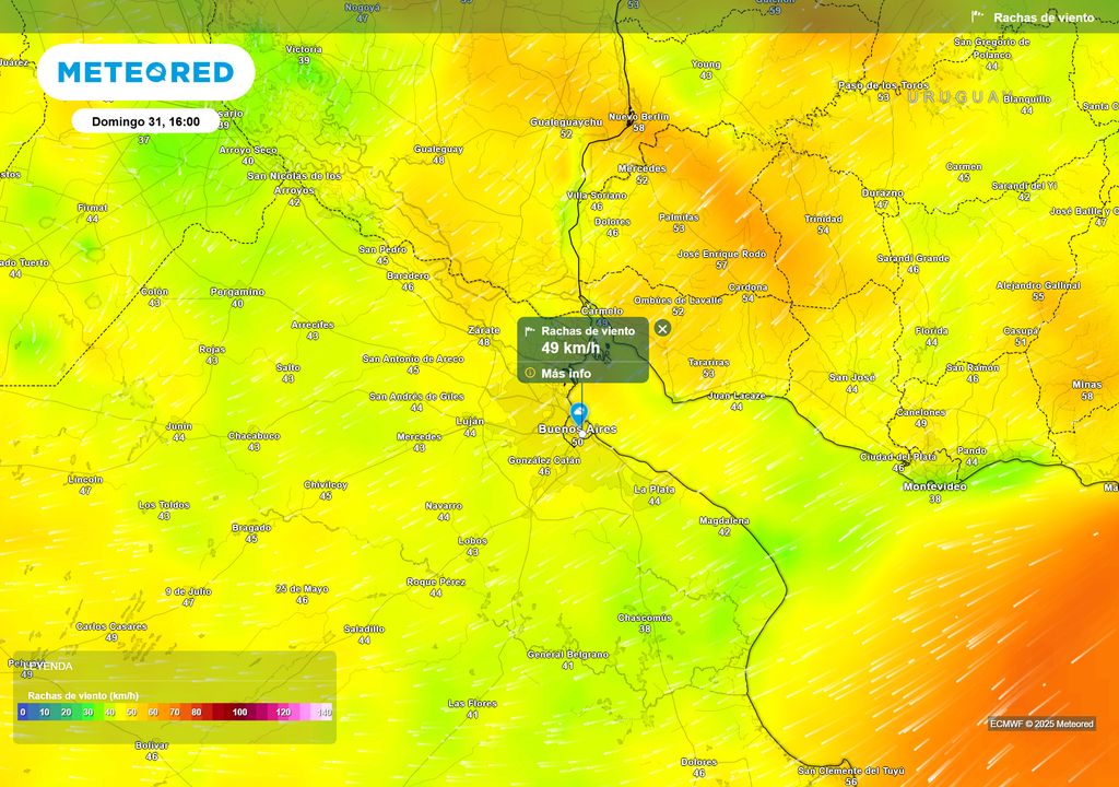 Rafagas de viento en superficie para el día domingo 31 de agosto a las 16 h, según el modelo ECMWF. Rafagas de viento en superficie para el día domingo 31 de agosto a las 16 h, según el modelo ECMWF.