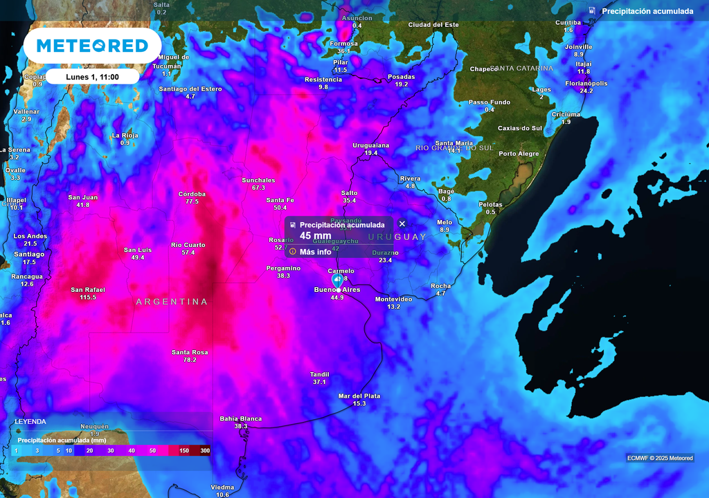 Precipitación acumulada según el modelo ECMWF el lunes 1 de septiembre de 2025 a las 11 h en Buenos Aires Precipitación acumulada según el modelo ECMWF el lunes 1 de septiembre de 2025 a las 11 h en Buenos Aires
