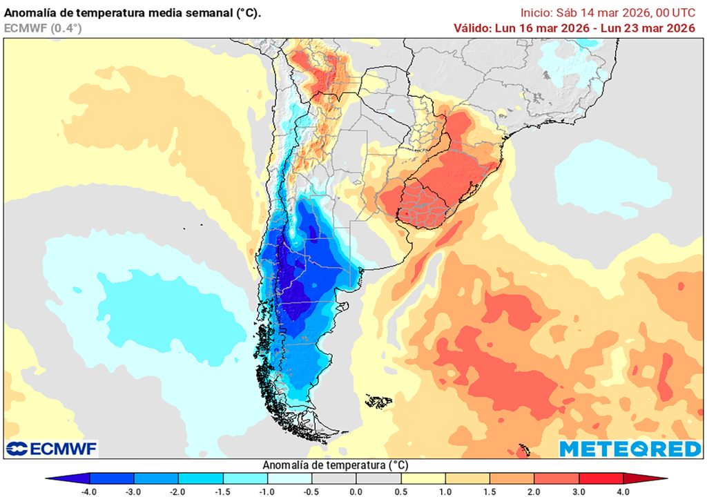 Anomalía de temperatura prevista para los próximos 7 días según el modelo ECMWF