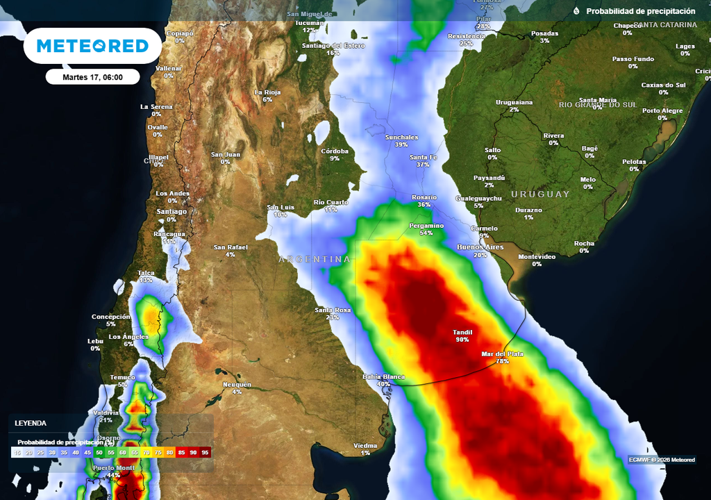 Probabilidad de precipitaciones durante el próximo martes según mapas propios basados en nuestro modelo de confianza ECMWF