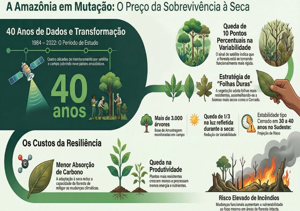 A capacidade de absorção de carbono do bioma está caindo drasticamente porque as plantas mudaram o seu funcionamento biológico. Imagem: Ilustração