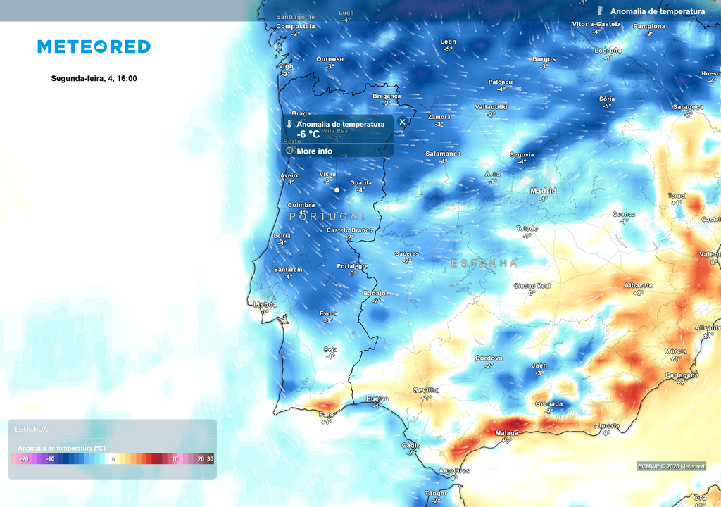 Na segunda-feira, dia 4 de maio, esperam-se valores de anomalia térmica negativos em boa parte do continente português.