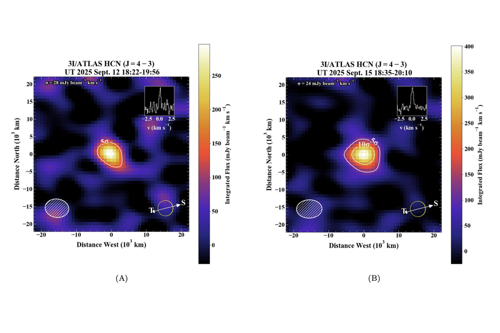 Artigo traz análise sobre a composição do 3I/ATLAS e a presença de metanol e cianeto de hidrogênio em diferentes pontos do cometa. Crédito: Roth et al.
