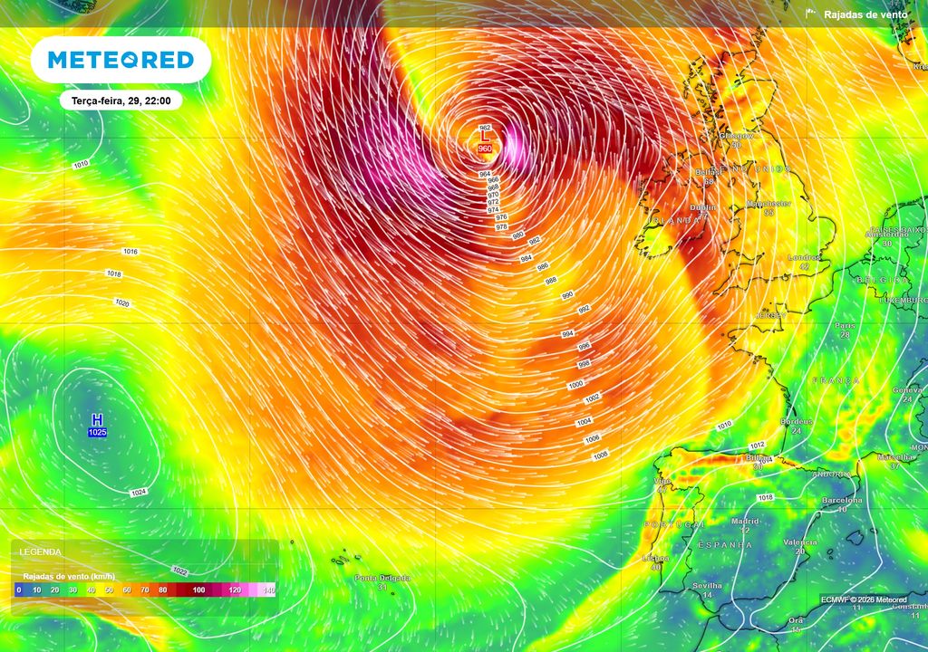 Ciclone-bomba, já formado 24 horas mais tarde, às 22 horas de terça-feira (29) e com uma pressão central mínima de 960 hPa. As isóbaras muito estreitas e próximas entre si em torno da depressão provocarão um aumento do gradiente de pressão e consequentemente uma intensificação dos ventos associados ao sistema.