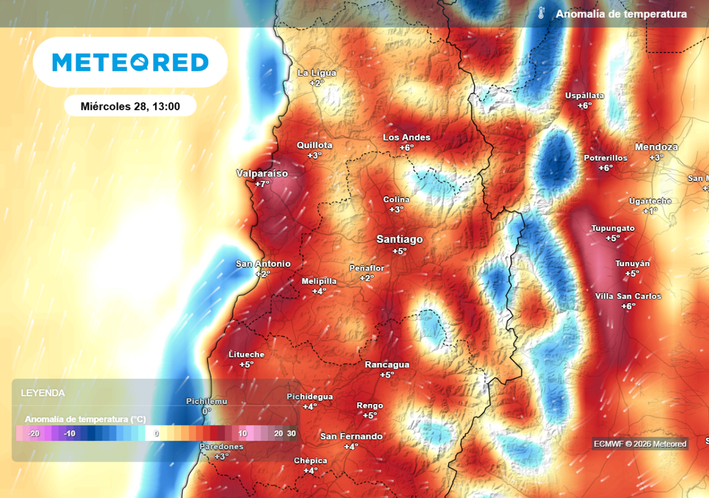 Mapas de anomalías muestran un aumento significativo de lás máximas este miércoles en Santiago y la RM.