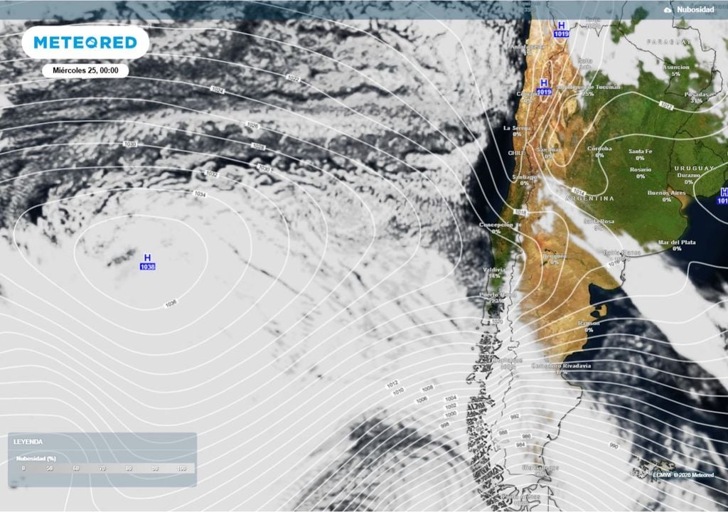Alta presión domina la zona central: cielos despejados y escasa nubosidad marcarán la semana, reflejando una atmósfera estable tras el paso de los sistemas frontales.