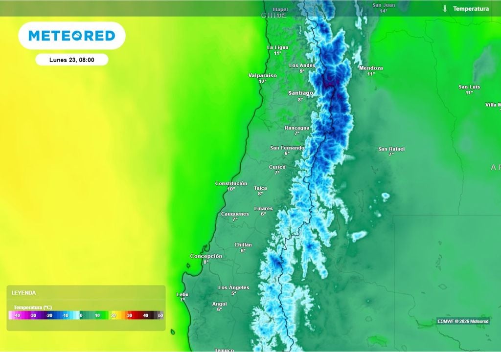 El lunes marcará el peak de frío de la semana: las temperaturas mínimas serán las más bajas, con valores bajo los 10°C en gran parte de la zona central e incluso cercanos a los 5°C en sectores interiores.