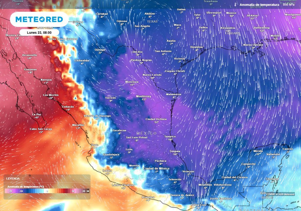 Pronóstico de anomalía de temperaturas en grados Celsius El aire ártico cruzará el norte, noreste, centro, oriente y sureste con marcado descenso térmico, heladas, fuerte viento y algunas lluvias este fin de semana.