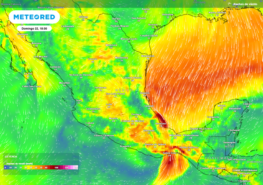 Pronóstico de ráfagas de viento en km/h El aumento de la presión atmosférica por el aire ártico, ocasionará un sábado y domingo con ráfagas de 45-75 km/h en el interior del país; 80-100 km/h en el Golfo de México.