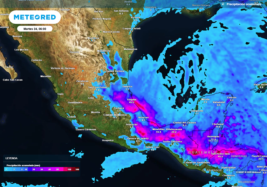 Pronóstico de lluvias acumuladas en milímetros La humedad del Golfo de México ocasionaría lluvias en estados del oriente y sureste superando los 100-200 mm, resaltando entre Veracruz, Oaxaca y Chiapas.