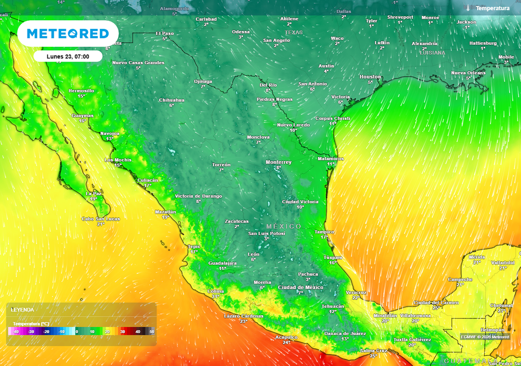 Pronóstico de temperaturas en grados Celsius De domingo a martes, tardes frescas de norte a centro y oriente de México, tornándose frías las horas nocturnas, especialmente en el Altiplano con heladas y cencelladas en la Sierra Madre Oriental.