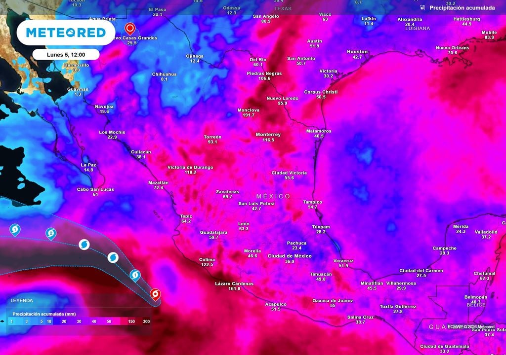 Pronóstico de lluvias acumuladas en milímetros Temporal lluvioso se fortalecerá en próximos 5 días con intensas tormentas de 50-150 mm o mayores por humedad del huracán Rachel y el frente frío 1, refrescándose el ambiente.