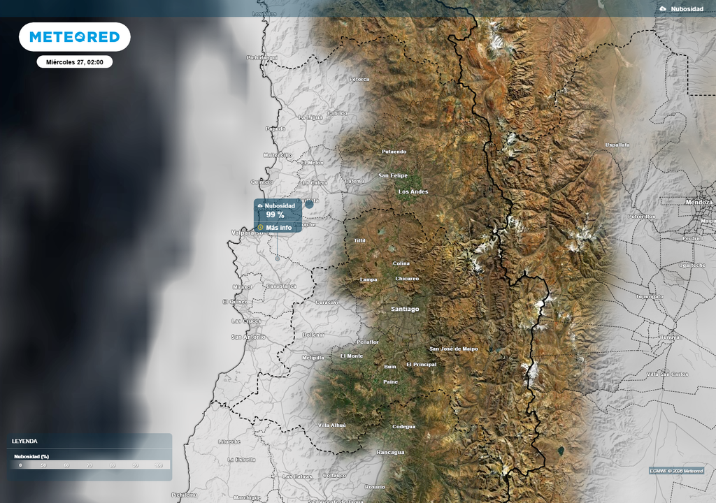 La nubosidad baja avanzaría desde la costa hacia Valparaíso y sectores cercanos de la Región Metropolitana durante la madrugada del miércoles 27, favoreciendo un ambiente más húmedo, con neblinas y posibles lloviznas.