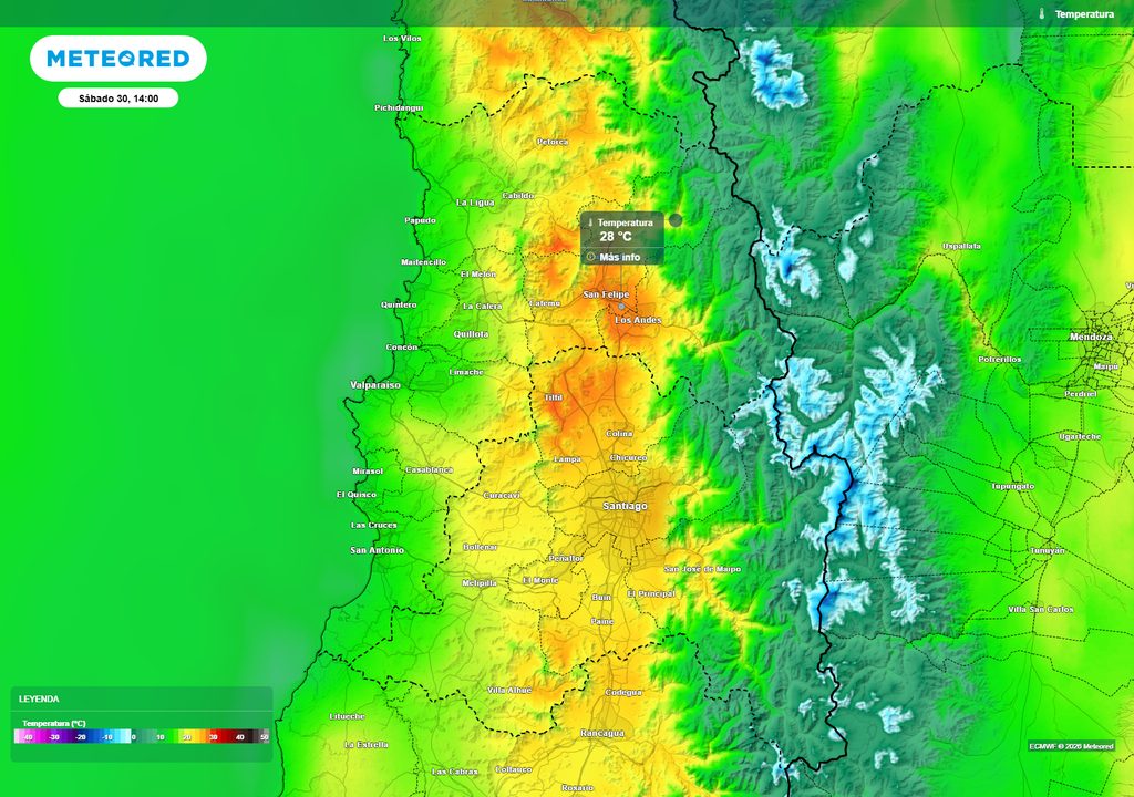 mapa de temperatura. Hacia el fin de semana se espera un nuevo incremeto en las máximas en valpraíso y la RM para terminar mayo.