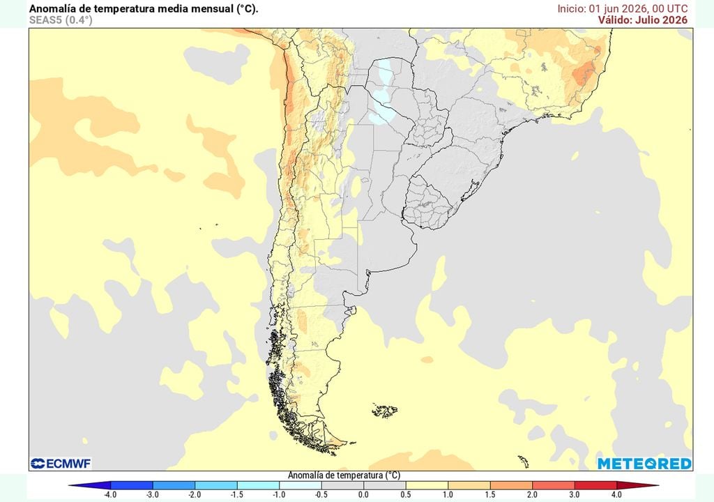 Temp Julio Anomalías de temperaturas medias mensuales previstas por nuestro modelo de referencia, ECMWF, para el mes de julio de 2026
