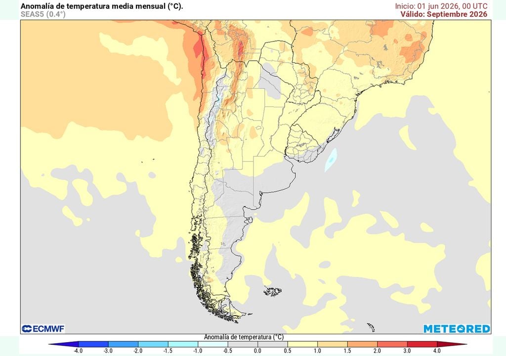Tempe septiembre Mapa de anomalías de temperatura media mensual previstas para septiembre