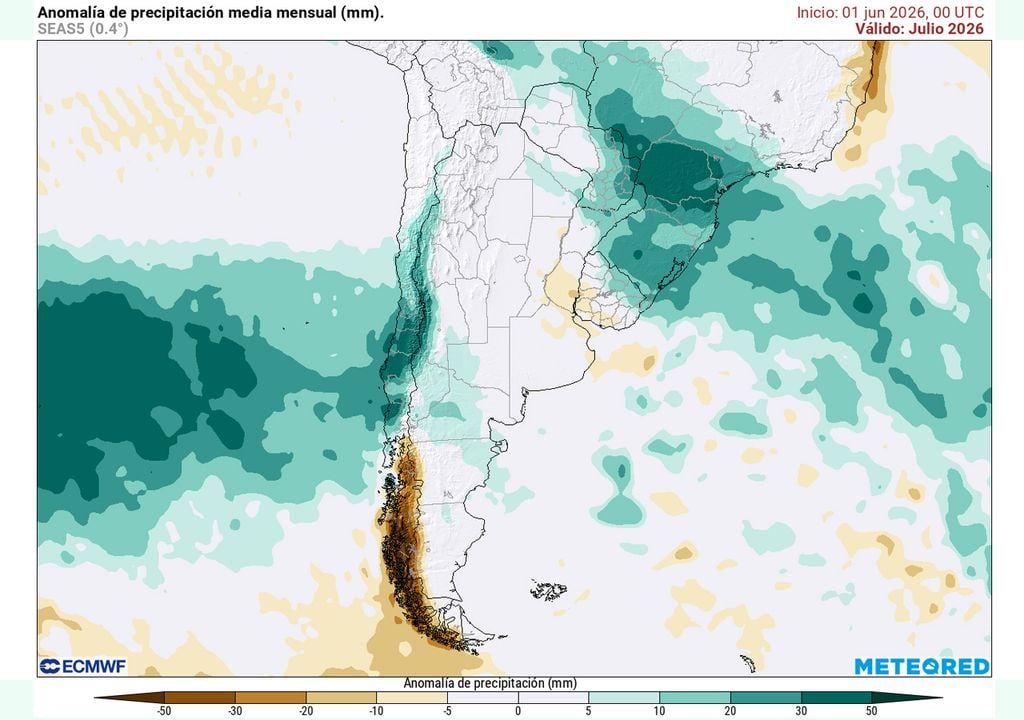 precipitaciones julio Anomalías de precipitación media mensual previstas por nuestro modelo de referencia, ECMWF para el mes de julio de 2026
