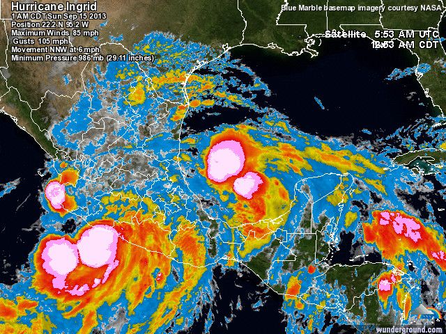 Adiós Humberto, Bienvenido Ingrid Imagen IR de satélite de los dos ciclones tropicales.