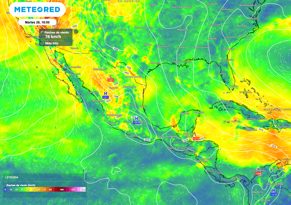 Los vientos más fuertes, son las rachas de 70 a 80 km/h que se registran al Noroeste y en sectores del Noreste y Sur. Los vientos más fuertes, son las rachas de 70 a 80 km/h que se registran al Noroeste y en sectores del Noreste y Sur.