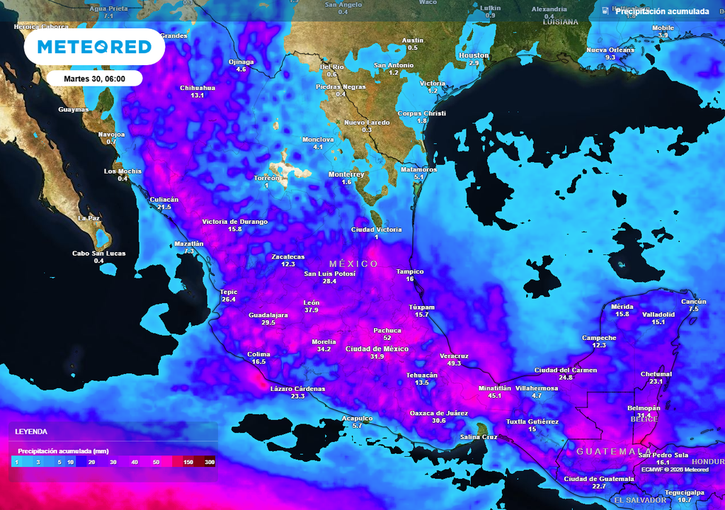 Gran parte de México recibirá lluvias, pero resaltando en el centro, occidente, oriente y noroeste refrescando, disminuyendo en el sureste por el Polvo del Sahara.