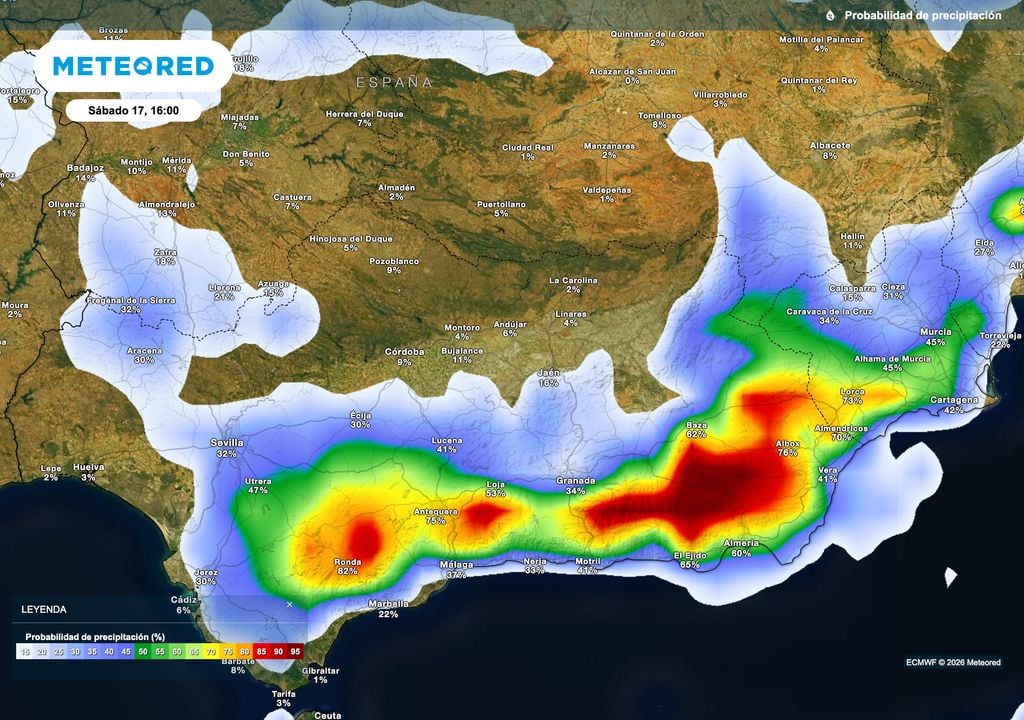 Probabilidad de precipitación mañana por la tarde en Andalucía. Fuente: modelo europeo a las 16:00.