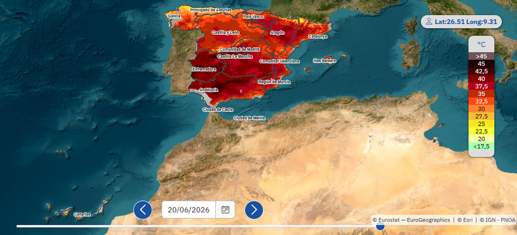 Ídem que en la imagen de arriba pero para la temperatura del 20 de junio de 2026. Fuente: CSIC/AEMET