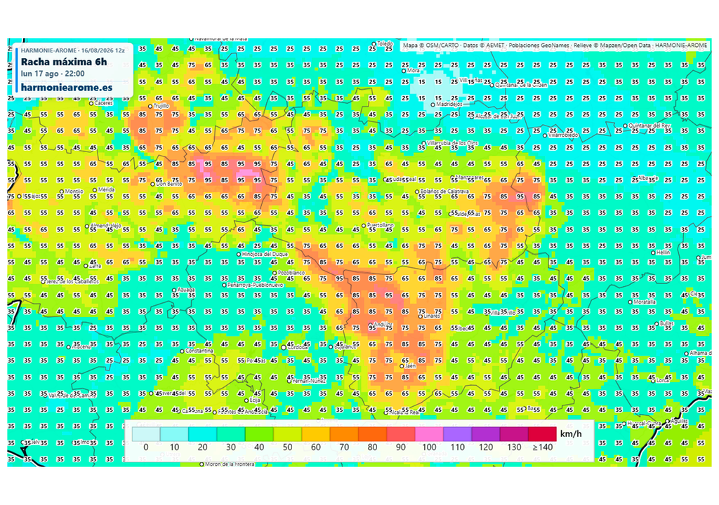 El modelo Harmonie prevé rachas de viento de más de 80-90 km/h en varias provincias del sur peninsular en las próximas horas. Fuente: Harmoniearome.es