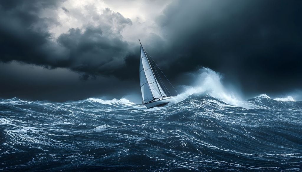 Barca a vela. Durante tutta la burrasca è fondamentale muoversi in sicurezza. Spostamenti ridotti al minimo, sempre agganciati e con cautela. I turni al timone devono essere brevi per evitare che la fatica accumulata porti a errori.