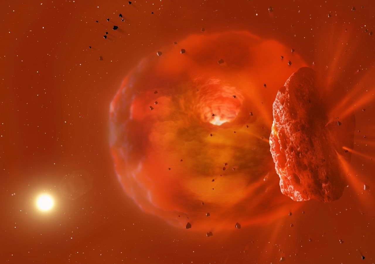Visualización del enorme y brillante cuerpo planetario producido por una colisión planetaria. En primer plano, fragmentos de hielo y roca se alejan de la colisión y luego se cruzan entre la Tierra y la estrella anfitriona que se ve al fondo de la imagen. Crédito: Mark Garlick.