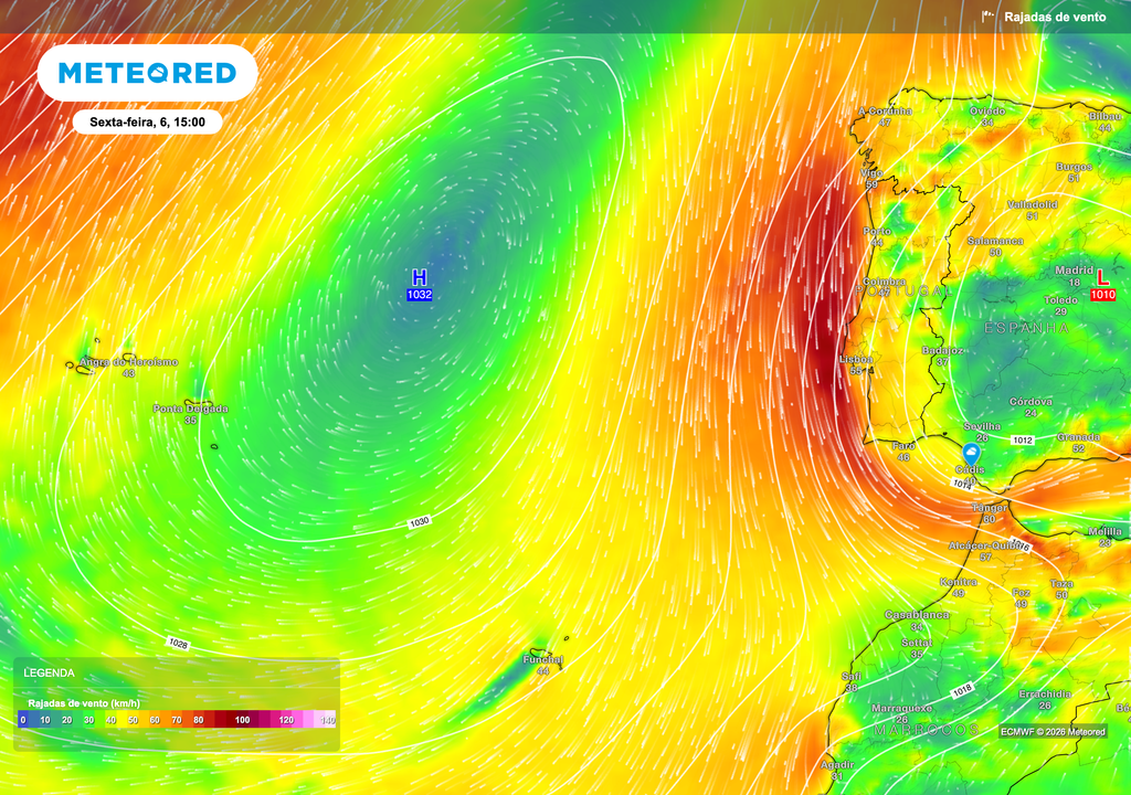 Mapa de previsão das rajadas de vento no Atlântico oriental para sexta-feira, 6 de março. O gradiente de pressão entre um anticiclone no Atlântico e uma área de pressão mais baixa sobre a Península Ibérica reforça o vento de noroeste junto à costa portuguesa, favorecendo a geração de ondulação no oceano.