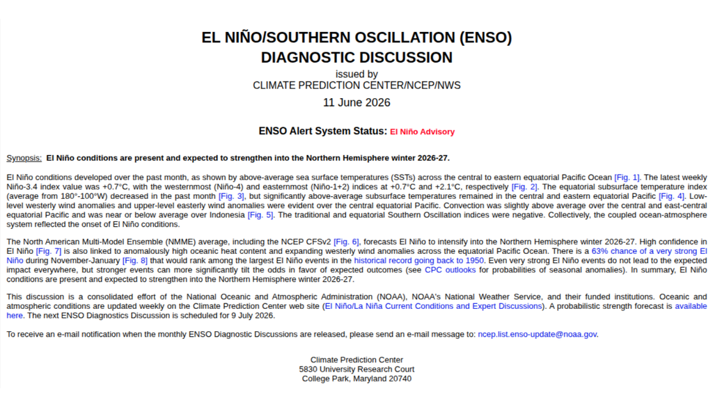 Discussão diagnóstica do El Niño Oscilação-Sul atualizada nesta quinta-feira (11) pela NOAA. Discussão diagnóstica do El Niño Oscilação-Sul atualizada nesta quinta-feira (11) pela NOAA.