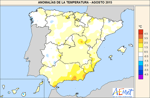 Agosto 2015: Más Cálido De Lo Normal Y Precipitaciones Habituales Anomalías de temperaturas en agosto 2015